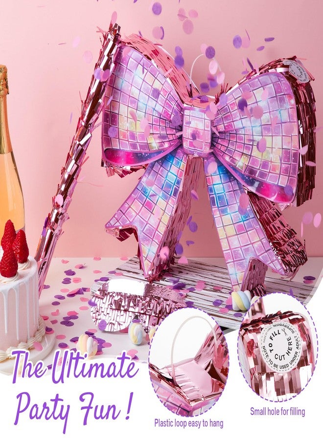 Arrowbash Disco Pink Bow Piñata Set 15 Inch Shiny Bow Piñata with Bat Blindfold and Confetti for Birthday Wedding Decoration Christmas Holiday Coquette Party Supplies - Image 3