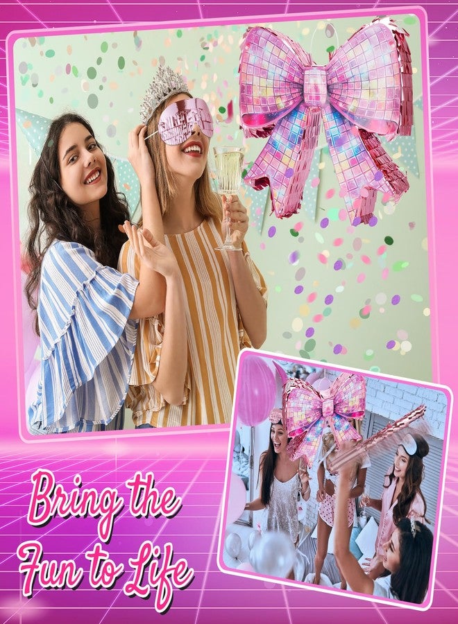 Arrowbash Disco Pink Bow Piñata Set 15 Inch Shiny Bow Piñata with Bat Blindfold and Confetti for Birthday Wedding Decoration Christmas Holiday Coquette Party Supplies - Image 4