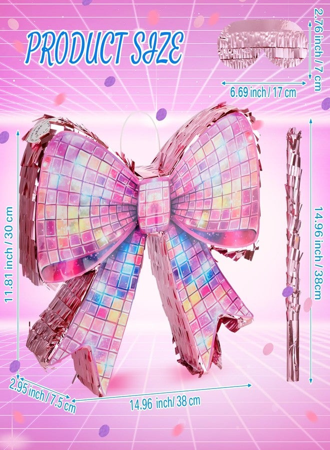 Arrowbash Disco Pink Bow Piñata Set 15 Inch Shiny Bow Piñata with Bat Blindfold and Confetti for Birthday Wedding Decoration Christmas Holiday Coquette Party Supplies - Image 2