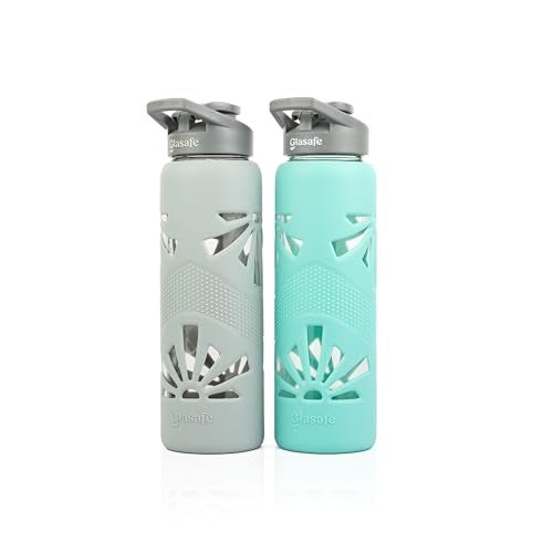 GLASAFE Glass Water Bottle w/t Protective Silicone Cover | Break - Resistant Design |Water Bottle for Office | Spill-Proof Cap |100% Borosilicate Glass|750ml, (Set Of 2|Green & Grey Tint) - Image 1