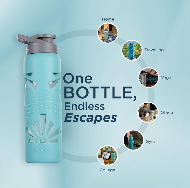 GLASAFE Glass Water Bottle w/t Protective Silicone Cover | Break - Resistant Design |Water Bottle for Office | Spill-Proof Cap |100% Borosilicate Glass|750ml, (Set Of 2|Green & Grey Tint) - Image 2