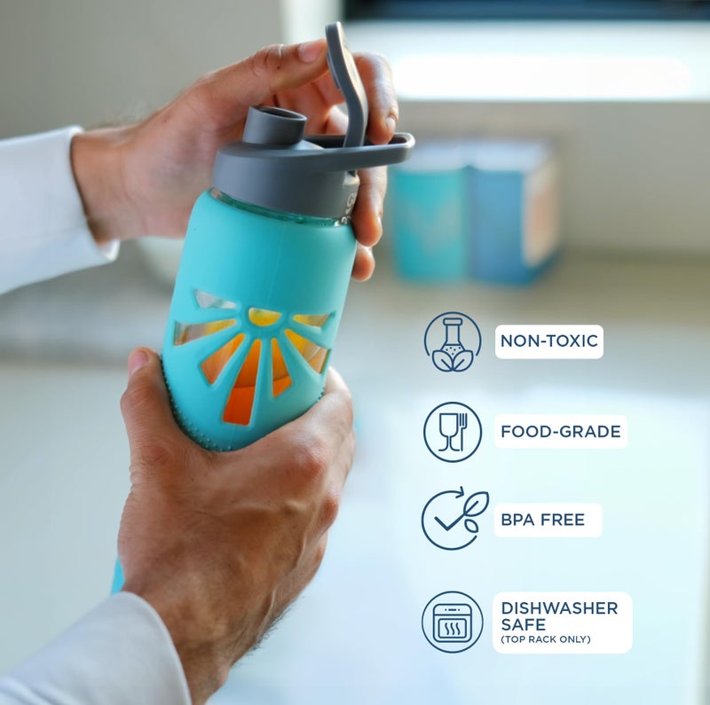 GLASAFE Glass Water Bottle w/t Protective Silicone Cover | Break - Resistant Design |Water Bottle for Office | Spill-Proof Cap |100% Borosilicate Glass|750ml, (Set Of 2|Green & Grey Tint) - Image 4
