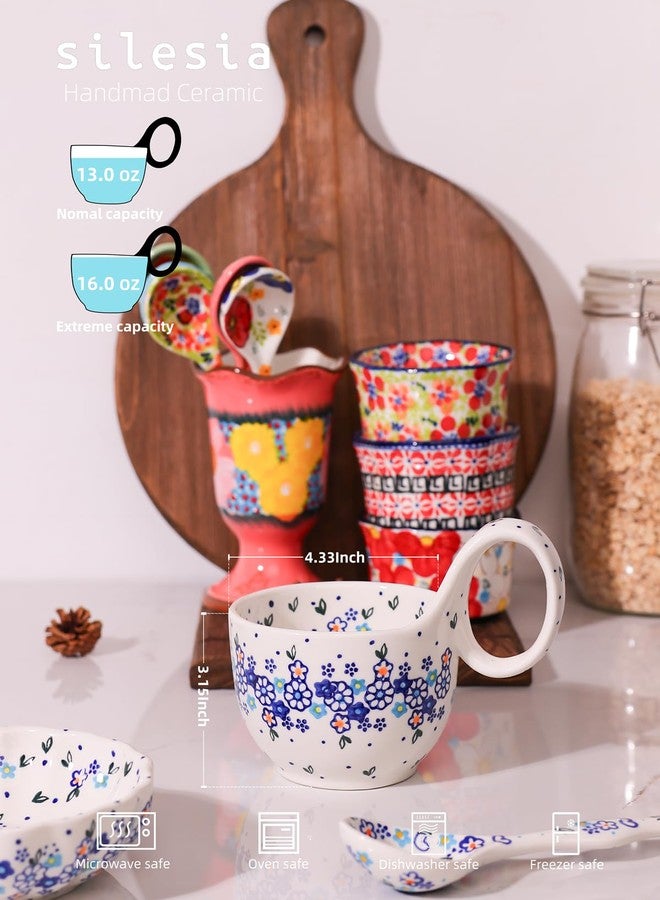 silesia Handmade Loop Handle Soup Bowl, Plate and Spoon Set Ceramic Hand Painted Cereal Bowl Great for Soup, Ice cream, Snack, Stew in Gift Box, Dishwasher & Microwave Safe, Forget Me Not - Image 2
