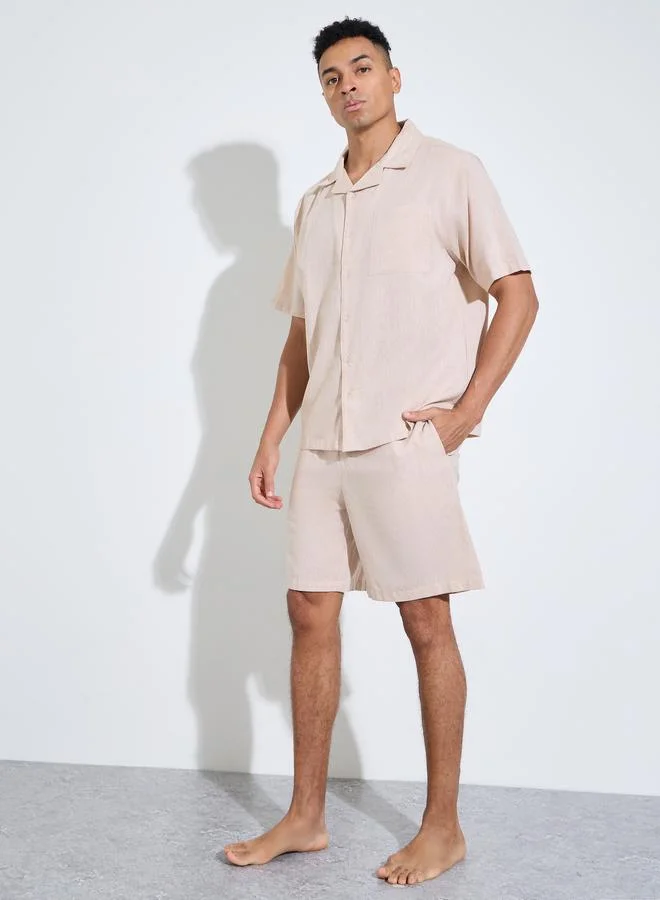 Styli Beige Solid Short Sleeves Pocket Detail Shirt and Shorts Pyjama Set