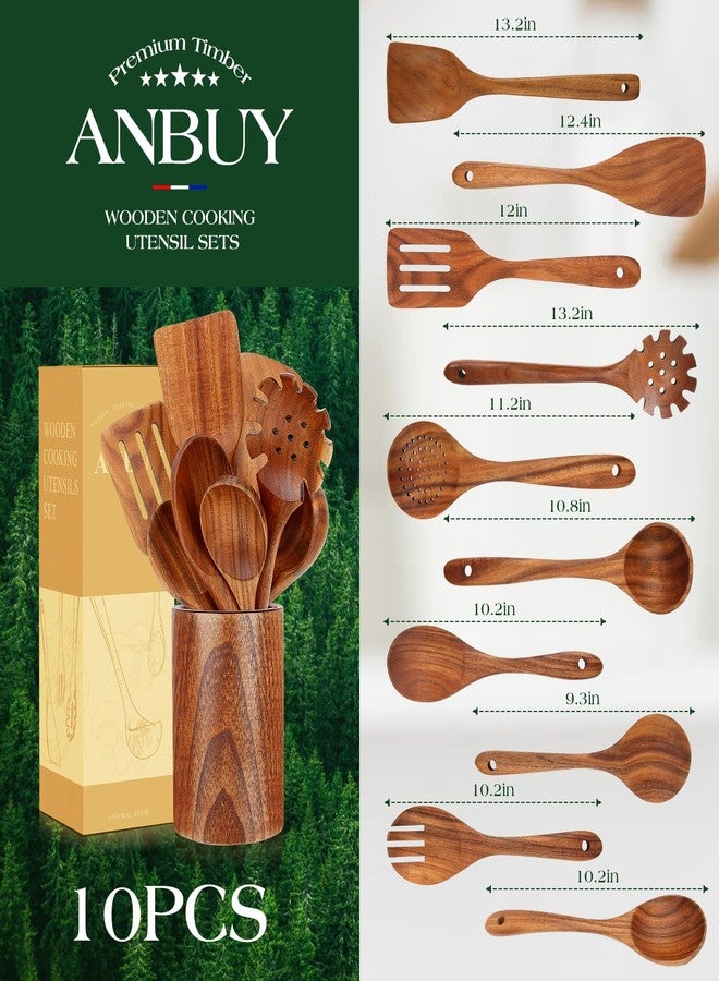 ANBUY Teak Wooden Kitchen Utensil Set - Non-Toxic Wood Cooking Utensils, Wood Utensils, Wooden Utensil Set (10PCS), Heat-Resistant for Home Kitchen - Image 2