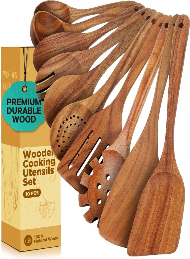 ANBUY Teak Wooden Kitchen Utensil Set - Non-Toxic Wood Cooking Utensils, Wood Utensils, Wooden Utensil Set (10PCS), Heat-Resistant for Home Kitchen - Image 1