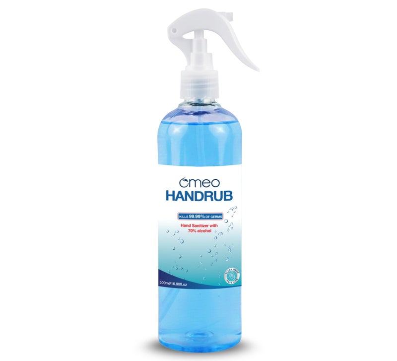 Omeo Handrub Liquid Hand Instant Sanitizer Pump 500ml, 70% Alcohol| Skin Friendly, Safe for Kids| 99.99% Germs Free Protection, Anti Bacterial| Advance Formula, Quick Dry - Image 1