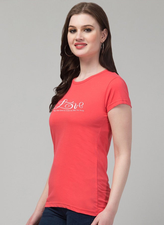 TREND LEVEL Peach Typography Printed Cotton T-shirt for Women - Image 3
