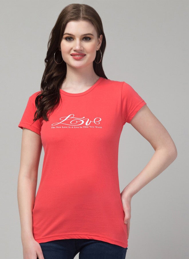 TREND LEVEL Peach Typography Printed Cotton T-shirt for Women - Image 1