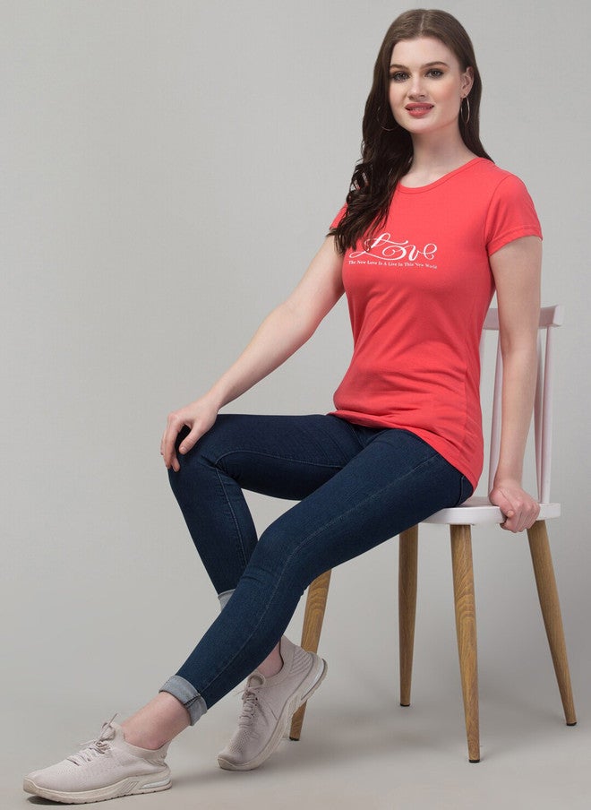TREND LEVEL Peach Typography Printed Cotton T-shirt for Women - Image 5