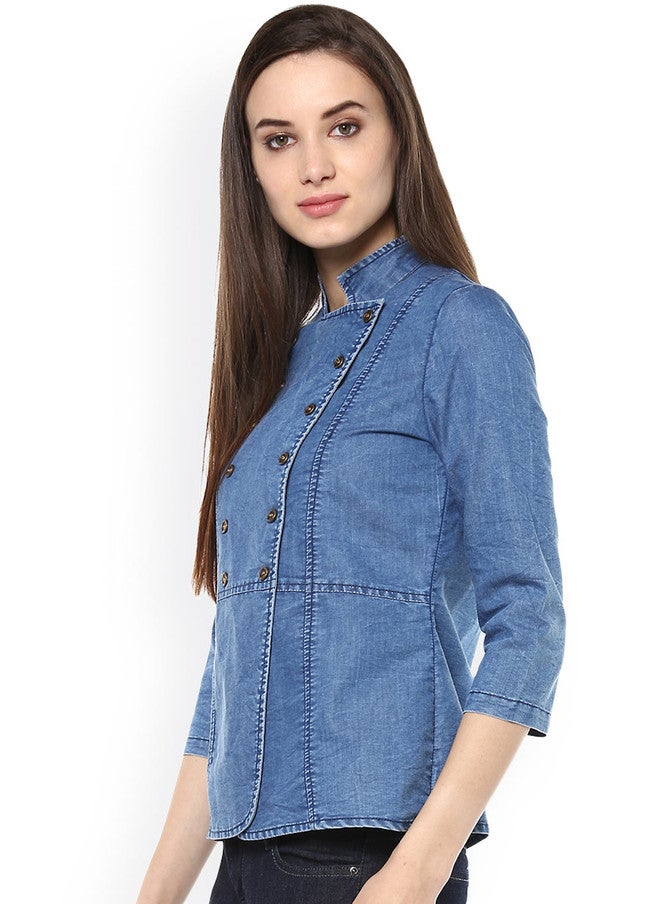 StyleStone قميص جينز أزرق من ستايل ستون بتصميم أنيق مع ياقة ماندارين وأكمام ثلاثة أرباع - Image 2