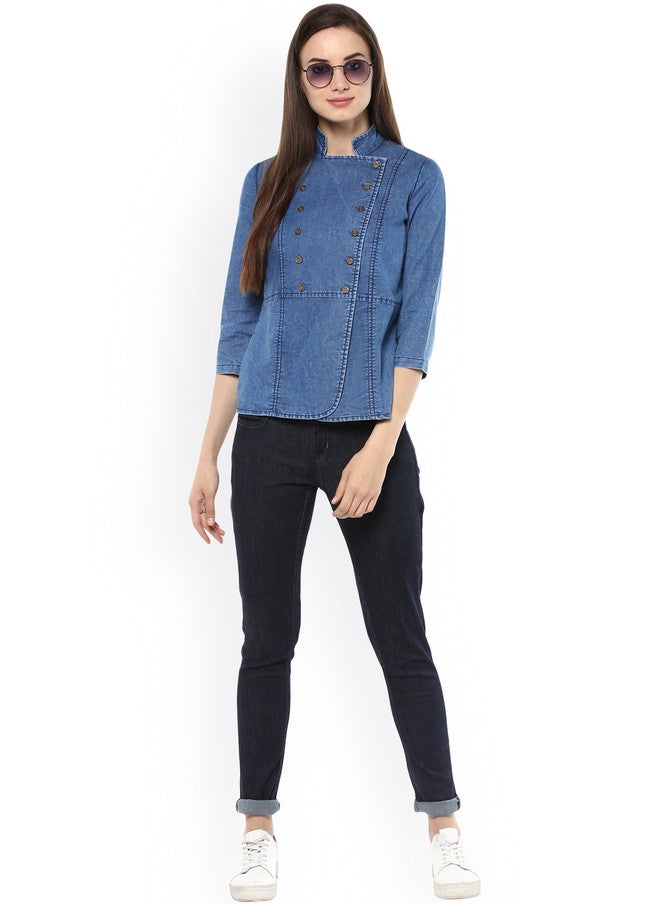 StyleStone قميص جينز أزرق من ستايل ستون بتصميم أنيق مع ياقة ماندارين وأكمام ثلاثة أرباع - Image 5