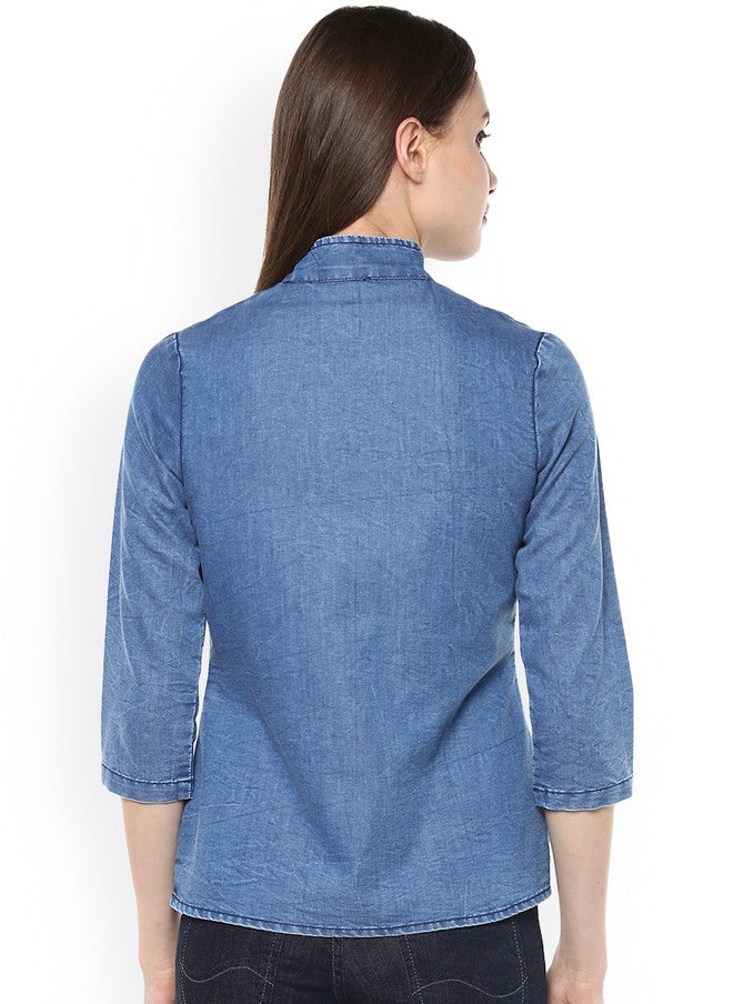 StyleStone قميص جينز أزرق من ستايل ستون بتصميم أنيق مع ياقة ماندارين وأكمام ثلاثة أرباع - Image 3