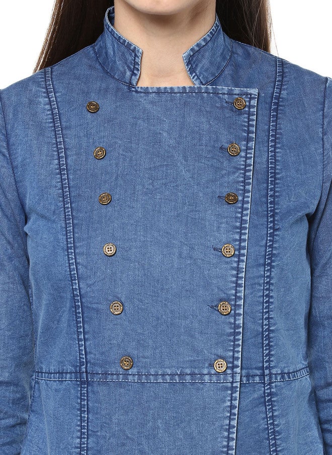 StyleStone قميص جينز أزرق من ستايل ستون بتصميم أنيق مع ياقة ماندارين وأكمام ثلاثة أرباع - Image 4