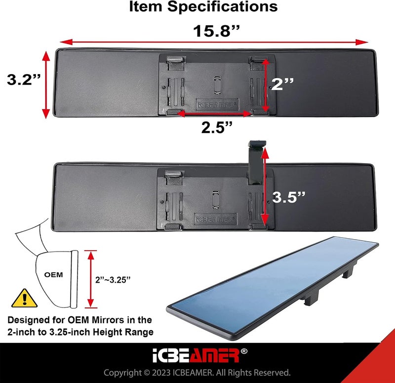 ICBEAMER 15.8" 400mm Easy Clip on Universal Fit Wide Angle Panoramic Auto Interior Rearview Mirror "Flat Blue Surface" - Image 5