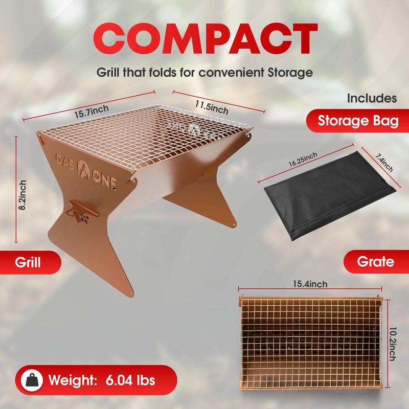 GasOne 15â€ Portable Charcoal Grill â€“ Foldable BBQ Grill â€“ Camping Grills for Backyard, Bonfire, Patio â€“ Heavy-Duty Portable Fire Pit â€“ Camp Cooking Gear, Brown - Image 2