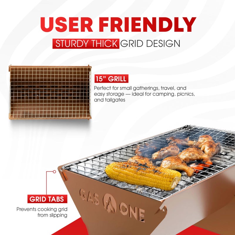 GasOne 15â€ Portable Charcoal Grill â€“ Foldable BBQ Grill â€“ Camping Grills for Backyard, Bonfire, Patio â€“ Heavy-Duty Portable Fire Pit â€“ Camp Cooking Gear, Brown - Image 5