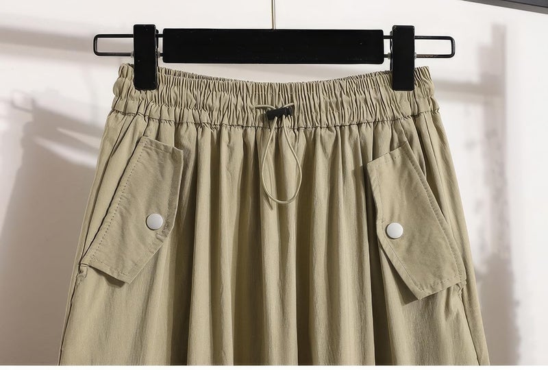 ebossy Women's Vintage Cotton Drawstring Elastic Waist Multi-Pockets Utility Pencil Long Cargo Skirts (Free Size, Khaki) - Image 4
