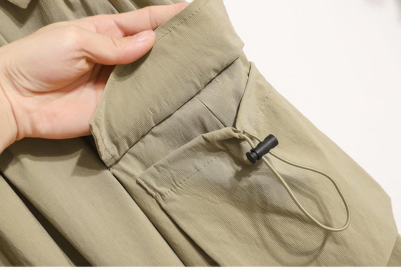 ebossy Women's Vintage Cotton Drawstring Elastic Waist Multi-Pockets Utility Pencil Long Cargo Skirts (Free Size, Khaki) - Image 5