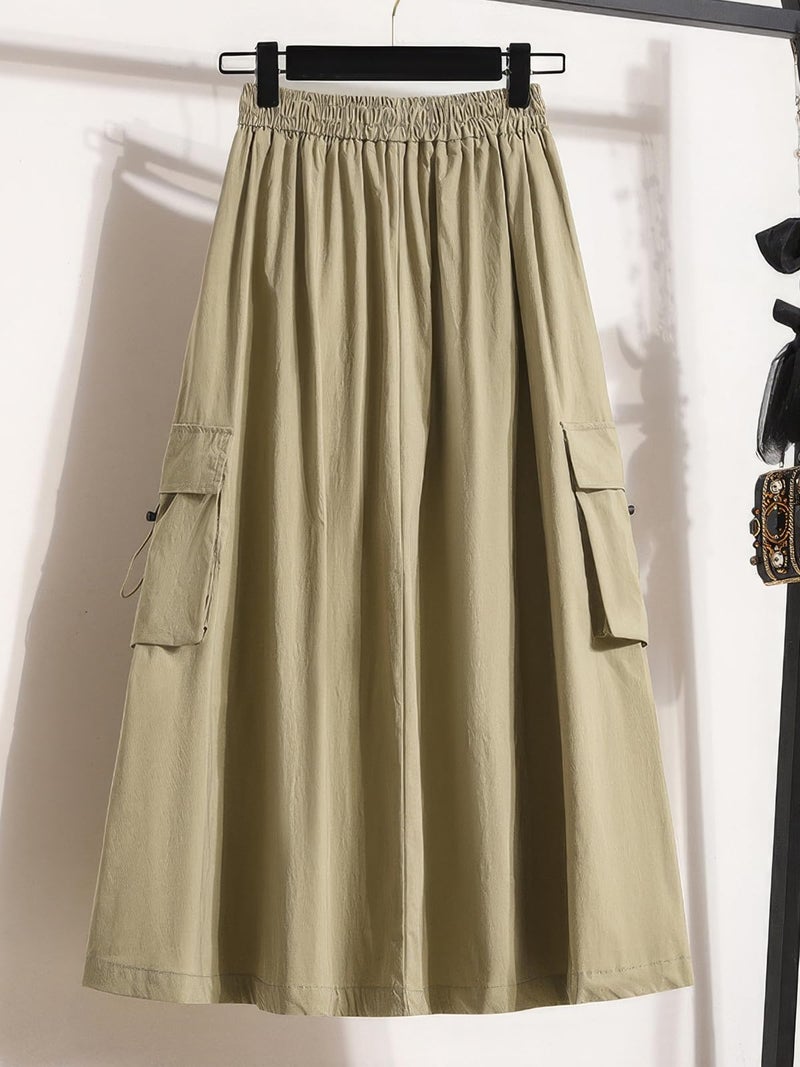 ebossy Women's Vintage Cotton Drawstring Elastic Waist Multi-Pockets Utility Pencil Long Cargo Skirts (Free Size, Khaki) - Image 3