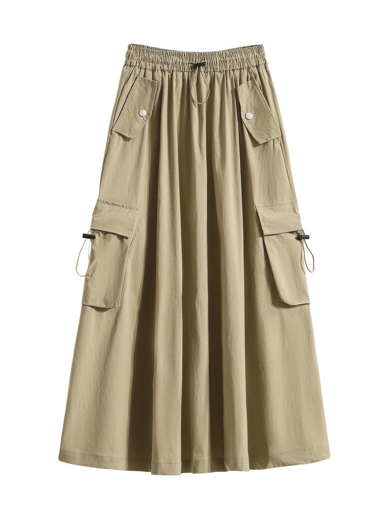 ebossy Women's Vintage Cotton Drawstring Elastic Waist Multi-Pockets Utility Pencil Long Cargo Skirts (Free Size, Khaki) - Image 1