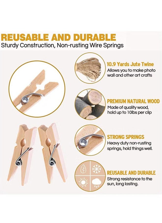 HY - 300 Pcs Mini Clothespins, Mini ClothesPins for Photo Natural Wooden Small Picture Clips for Crafts 1 Inch Tiny Pegs with Jute Twine String Decorative Wood Clips for Wall Hanging Pictures - Image 1