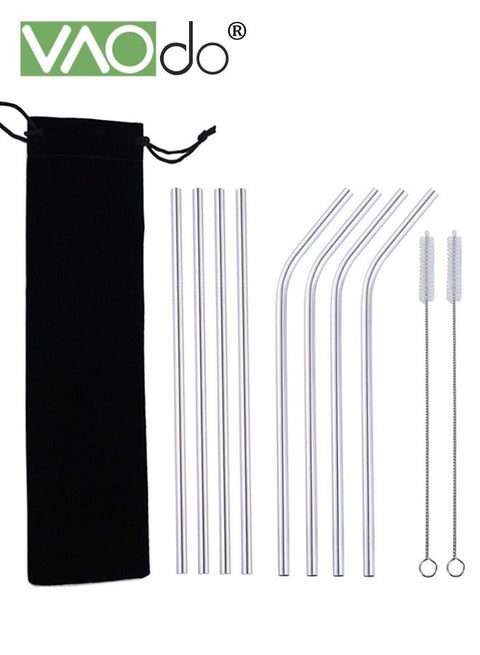 10PCS Reusable Stainless Steel Metal Straws with with Storage Bag  Long Drinking Straws with 2 Cleaning Brushes Included Grey