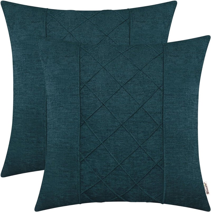 BRAWARM Throw Pillow Covers 22x22 Inches - Deep Lagoon Pleated Chenille Pillow Covers, Pack of 2 Solid Dyed Soft Chenille Pillow Cases for Couch Sofa Bed Home Decoration - Image 1