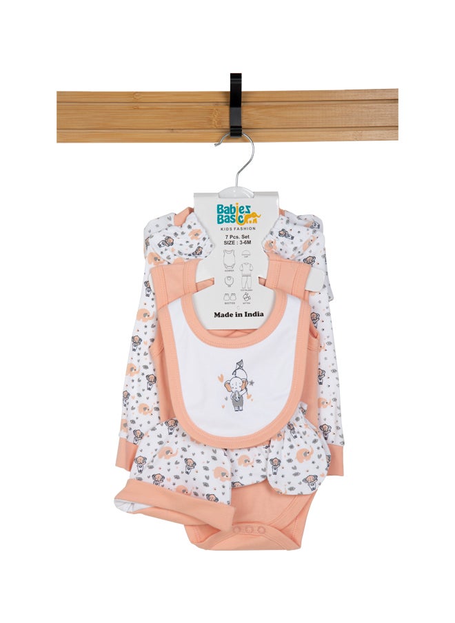 Babies Basic 7 Piece Unisex 100% Cotton Set Include Bib, Socks, Mitten, Cap, Romper, Top And Bottom Set, Peach  - Image 1
