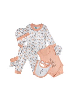 Babies Basic 7 Piece Unisex 100% Cotton Set Include Bib, Socks, Mitten, Cap, Romper, Top And Bottom Set, Peach  - Image 2