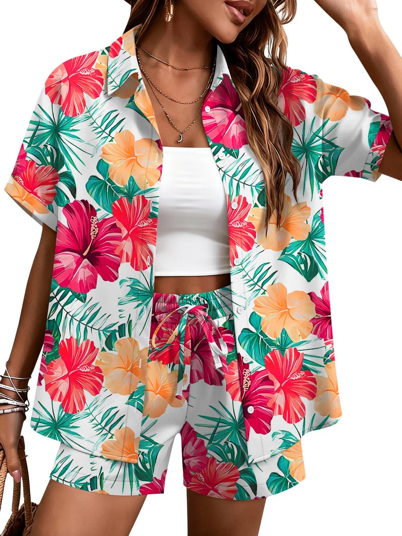 LOMON Women's 2 Piece Hawaiian Vacation Outfits Tropical Print Short Sleeve Shirts and Shorts Beach Sets Resort Wear - Image 1