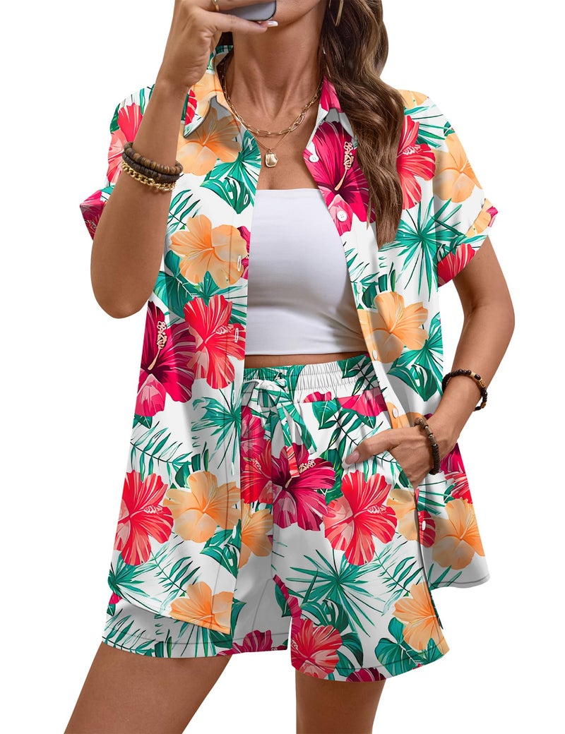 LOMON Women's 2 Piece Hawaiian Vacation Outfits Tropical Print Short Sleeve Shirts and Shorts Beach Sets Resort Wear - Image 2