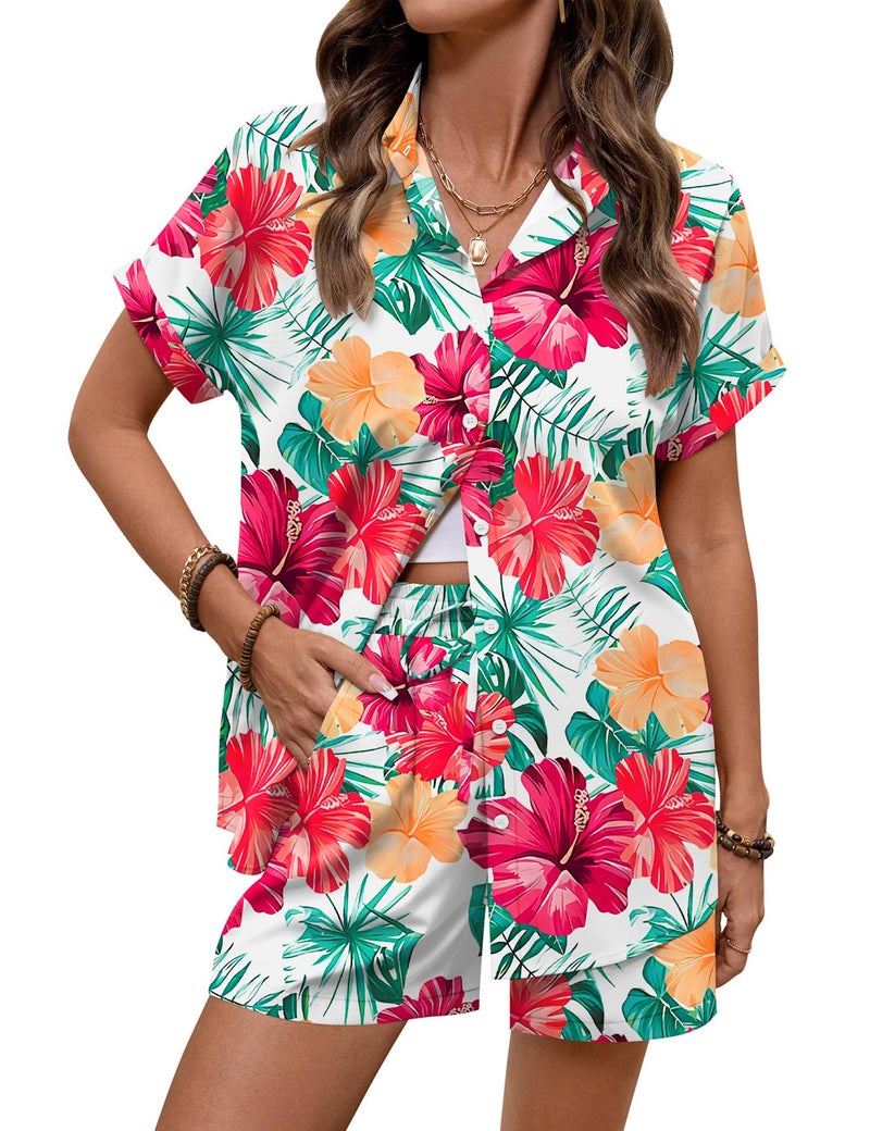LOMON Women's 2 Piece Hawaiian Vacation Outfits Tropical Print Short Sleeve Shirts and Shorts Beach Sets Resort Wear - Image 3
