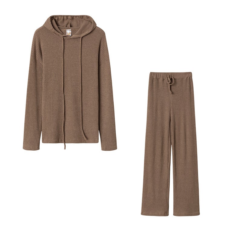 Amazon Cross-border European and American Womens 2021 Spring and Autumn Long Sleeve Loose Hooded Casual Pants Set Coffee  - Image 1