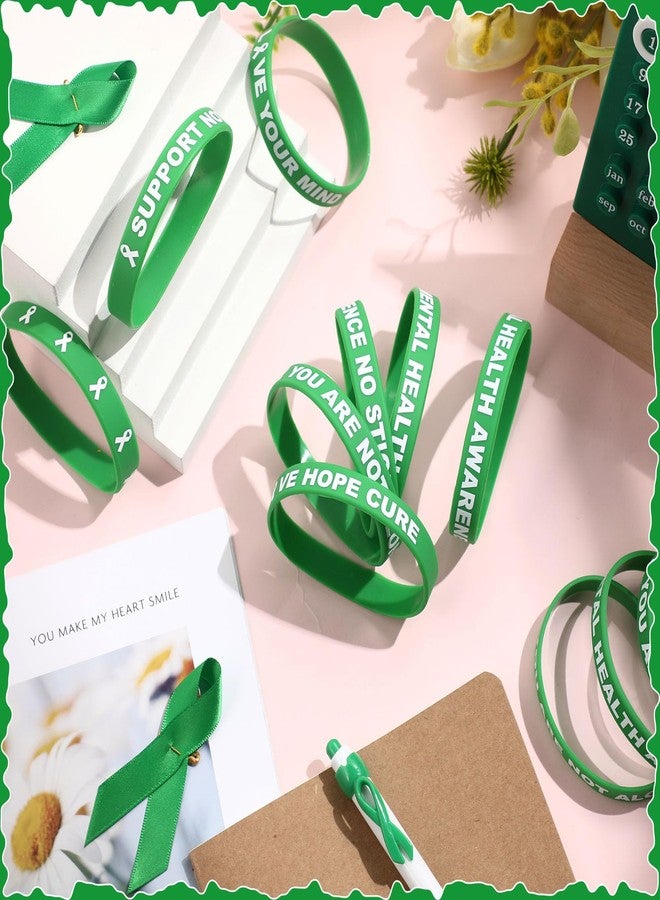 Inbagi 200 Pcs Mental Health Awareness Bracelet Green Awareness Ribbon Silicone Bracelets Hope Motivational Mental Health Awareness Wristband Mental Health Awareness Month Gifts Bulk for Women Men - Image 4