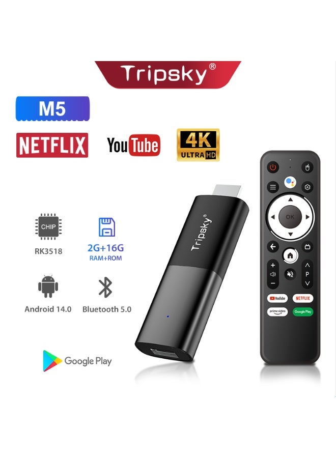 Tripsky Android 14 TV Stick RK3518 2G+16G FHD 1080P Smart Streaming Media Player with 4K Video Support, Google Assistant, Netflix, YouTube & Prime Video, Dual Band Wi-Fi 2.4G/5G, Bluetooth 5.0, HDMI TV Dongle, Wireless Screen Mirroring, Quad-Core - Image 1