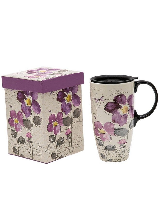 Topadorn Tall Ceramic Travel Mug 17 oz. Coffee Cups Sealed Lid With Color Box (Purple Flower) - Image 1
