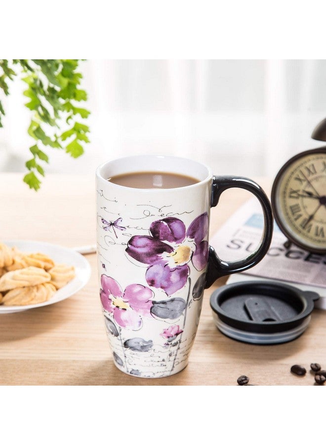 Topadorn Tall Ceramic Travel Mug 17 oz. Coffee Cups Sealed Lid With Color Box (Purple Flower) - Image 3
