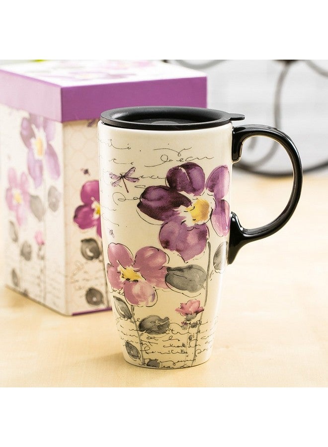 Topadorn Tall Ceramic Travel Mug 17 oz. Coffee Cups Sealed Lid With Color Box (Purple Flower) - Image 2