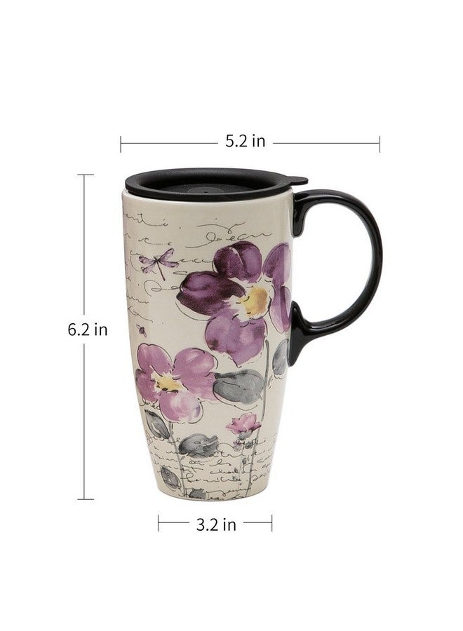 Topadorn Tall Ceramic Travel Mug 17 oz. Coffee Cups Sealed Lid With Color Box (Purple Flower) - Image 4