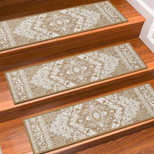 KOOTETA Stair Treads for Wooden Steps Indoor, 15 Pack 8" X 30" Non Slip Carpet Stair Treads with Reusable Adhesive for Kids Elders and Dogs, TPR Backing Stair Rugs Oriental Staircase Step Treads,Bohemia - Image 1