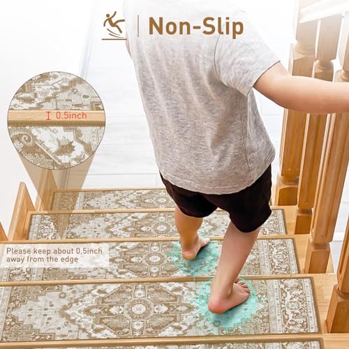 KOOTETA Stair Treads for Wooden Steps Indoor, 15 Pack 8" X 30" Non Slip Carpet Stair Treads with Reusable Adhesive for Kids Elders and Dogs, TPR Backing Stair Rugs Oriental Staircase Step Treads,Bohemia - Image 5