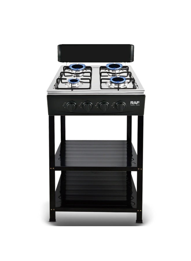 RAF 4 Burner Gas Stove with Wind Guard, Portable LNG/LPG Gas Stove with Removable Leg Stand and 2 Storage Shelves for RV, Apartment, Outdoor Cooking - Image 1