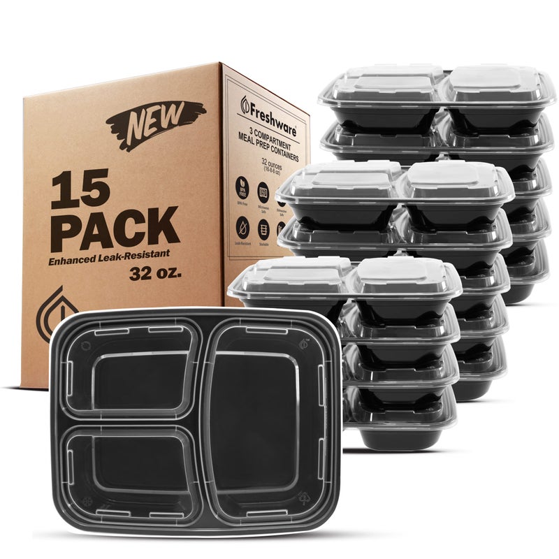 Freshware Meal Prep Containers with Lids [15 Pack] 3 Compartment, Food Storage Containers, Bento Box, BPA Free, Stackable, Microwave/Dishwasher/Freezer Safe (32 oz) - Image 1