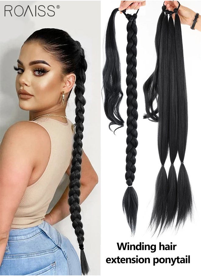 roaiss DIY Ponytail Extension, 80 cm Long Braided Ponytail Extension with Hair Band Elastic Rubber Wrap Around, Natural Soft Synthetic Hair Piece for Girls Women Party Daily Wear (Natural Black)  - Image 1