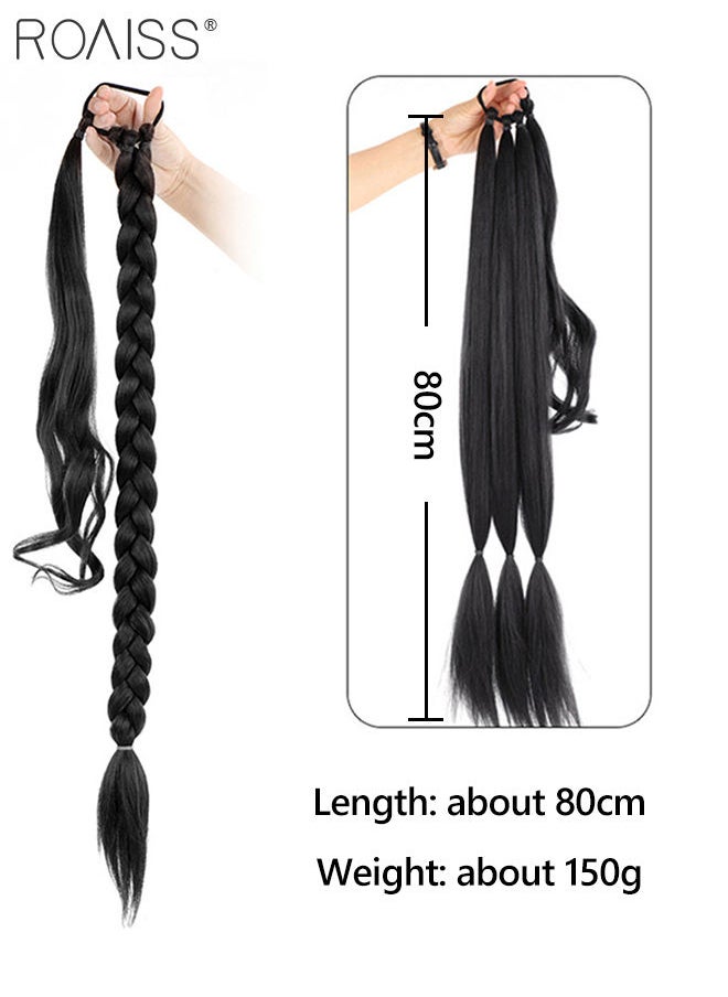 roaiss DIY Ponytail Extension, 80 cm Long Braided Ponytail Extension with Hair Band Elastic Rubber Wrap Around, Natural Soft Synthetic Hair Piece for Girls Women Party Daily Wear (Natural Black)  - Image 3