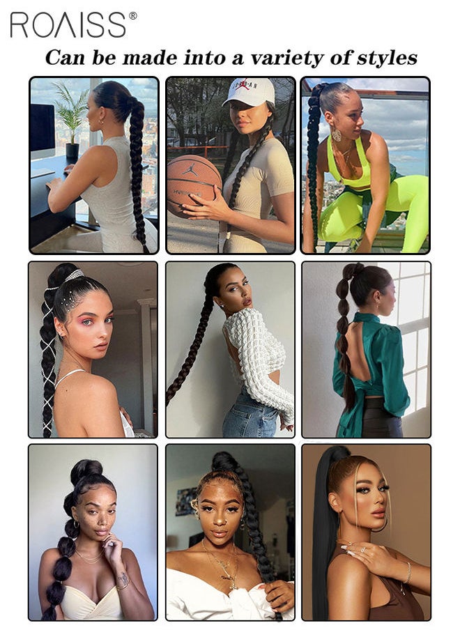 roaiss DIY Ponytail Extension, 80 cm Long Braided Ponytail Extension with Hair Band Elastic Rubber Wrap Around, Natural Soft Synthetic Hair Piece for Girls Women Party Daily Wear (Natural Black)  - Image 2