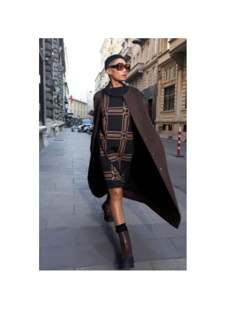 MissWhence Geometric Check Longline Knit Tunic - Black