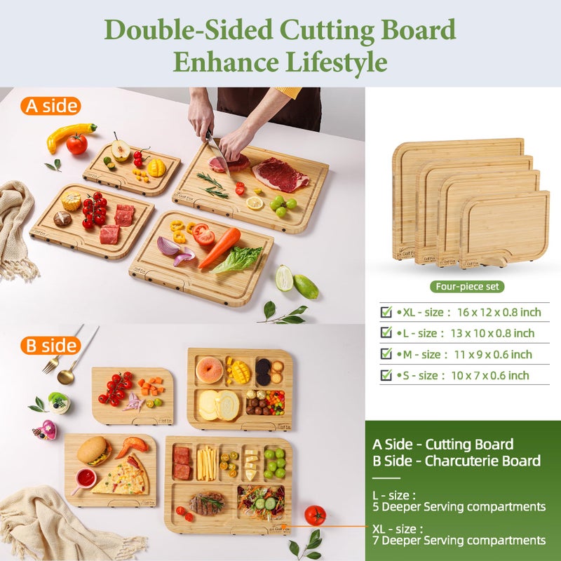 GolfFox 4-PCS Bamboo Cutting Board Set with Innovative Stand - Durable Double Sided Wooden Cutting Board with Juice Groove & Handle for Meal Prep, Meat, Charcuterie Serving, Eco-Friendly Healthy Kitchen Gift - Image 2