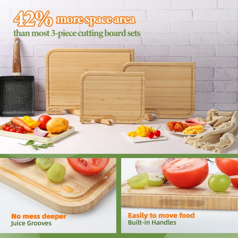 GolfFox 4-PCS Bamboo Cutting Board Set with Innovative Stand - Durable Double Sided Wooden Cutting Board with Juice Groove & Handle for Meal Prep, Meat, Charcuterie Serving, Eco-Friendly Healthy Kitchen Gift - Image 4